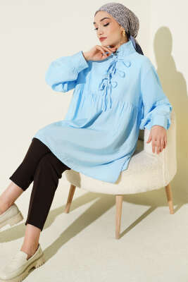 Yarım Düğmeli Bağlamalı Tunik Mavi - Tunik