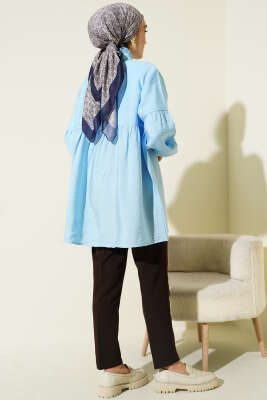 Yarım Düğmeli Bağlamalı Tunik Mavi - Tunik