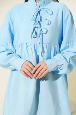 Yarım Düğmeli Bağlamalı Tunik Mavi - Tunik