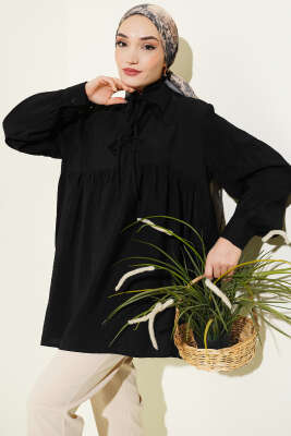 Yarım Düğmeli Bağlamalı Tunik Siyah - DESTİNA