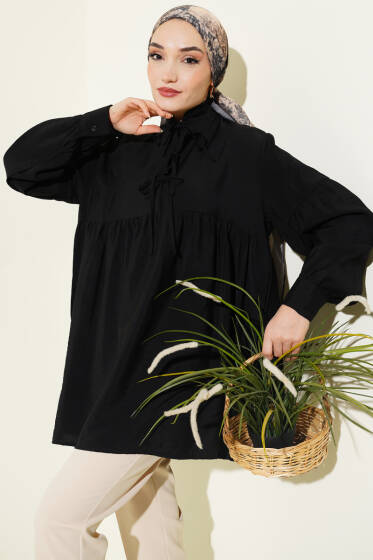 Yarım Düğmeli Bağlamalı Tunik Siyah - Tunik