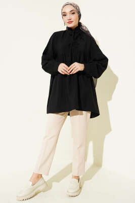 Yarım Düğmeli Bağlamalı Tunik Siyah - Tunik
