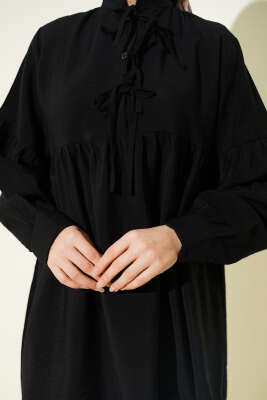 Yarım Düğmeli Bağlamalı Tunik Siyah - Tunik