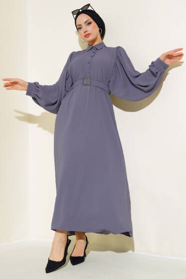 Yarım Düğmeli Balon Kol Kemerli Elbise Füme - Elbise