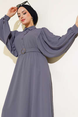 Yarım Düğmeli Balon Kol Kemerli Elbise Füme - Tesettür Elbise