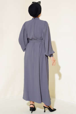 Yarım Düğmeli Balon Kol Kemerli Elbise Füme - Tesettür Elbise