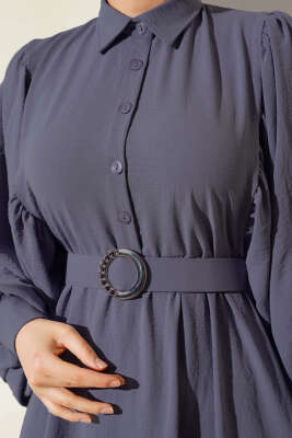 Yarım Düğmeli Balon Kol Kemerli Elbise Füme - Tesettür Elbise