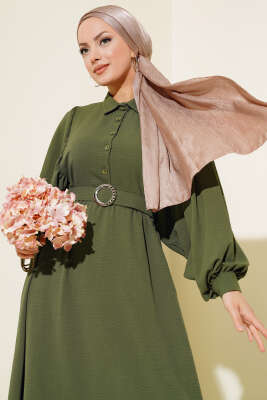 Yarım Düğmeli Balon Kol Kemerli Elbise Haki - Tesettür Elbise