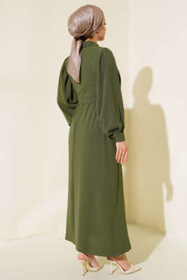 Yarım Düğmeli Balon Kol Kemerli Elbise Haki - Tesettür Elbise