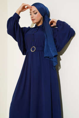 Yarım Düğmeli Balon Kol Kemerli Elbise Lacivert - Tesettür Elbise