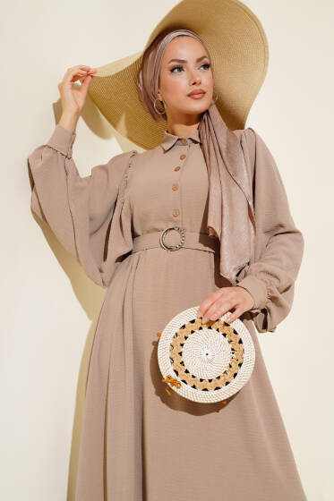 Yarım Düğmeli Balon Kol Kemerli Elbise Latte - Elbise