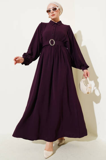 Yarım Düğmeli Balon Kol Kemerli Elbise Mürdüm - Elbise