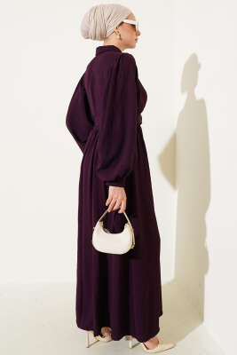 Yarım Düğmeli Balon Kol Kemerli Elbise Mürdüm - Tesettür Elbise