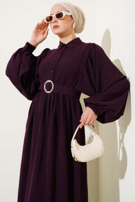 Yarım Düğmeli Balon Kol Kemerli Elbise Mürdüm - Tesettür Elbise