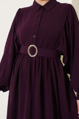 Yarım Düğmeli Balon Kol Kemerli Elbise Mürdüm - Tesettür Elbise