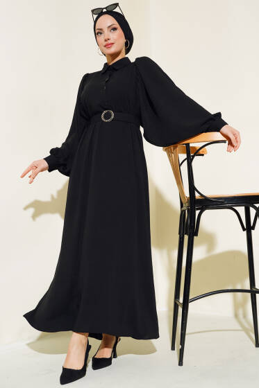 Yarım Düğmeli Balon Kol Kemerli Elbise Siyah - Elbise