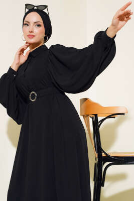 Yarım Düğmeli Balon Kol Kemerli Elbise Siyah - Tesettür Elbise