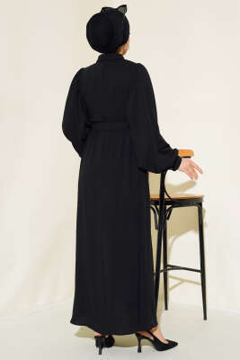 Yarım Düğmeli Balon Kol Kemerli Elbise Siyah - Tesettür Elbise