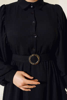 Yarım Düğmeli Balon Kol Kemerli Elbise Siyah - Tesettür Elbise