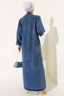 Yarım Düğmeli Balon Kol Kot Elbise Kot - Tesettür Elbise