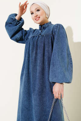 Yarım Düğmeli Balon Kol Kot Elbise Kot - Tesettür Elbise