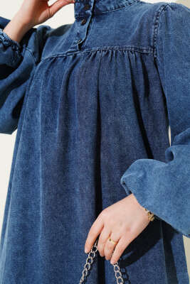 Yarım Düğmeli Balon Kol Kot Elbise Kot - Tesettür Elbise