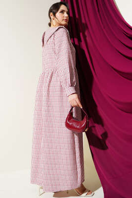 Yarım Düğmeli Bebe Yaka Çizgili Gofre Elbise Bordo - Tesettür Elbise