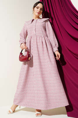 Yarım Düğmeli Bebe Yaka Çizgili Gofre Elbise Bordo - Tesettür Elbise