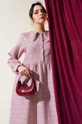 Yarım Düğmeli Bebe Yaka Çizgili Gofre Elbise Bordo - Tesettür Elbise