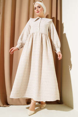Yarım Düğmeli Bebe Yaka Çizgili Gofre Elbise Latte 