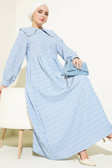 Yarım Düğmeli Bebe Yaka Çizgili Gofre Elbise Mavi - Elbise