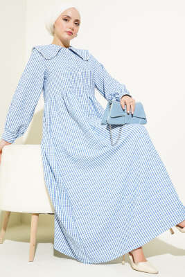 Yarım Düğmeli Bebe Yaka Çizgili Gofre Elbise Mavi 