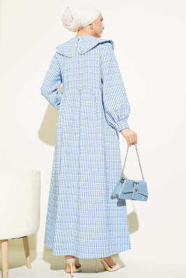 Yarım Düğmeli Bebe Yaka Çizgili Gofre Elbise Mavi - Tesettür Elbise