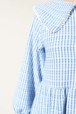 Yarım Düğmeli Bebe Yaka Çizgili Gofre Elbise Mavi - Tesettür Elbise