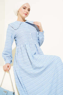 Yarım Düğmeli Bebe Yaka Çizgili Gofre Elbise Mavi - Tesettür Elbise