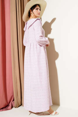 Yarım Düğmeli Bebe Yaka Çizgili Gofre Elbise Pembe - Tesettür Elbise