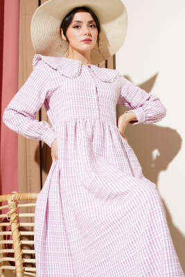 Yarım Düğmeli Bebe Yaka Çizgili Gofre Elbise Pembe - Tesettür Elbise