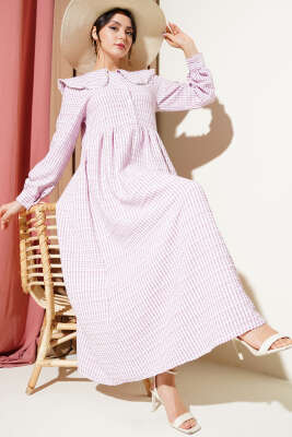 Yarım Düğmeli Bebe Yaka Çizgili Gofre Elbise Pembe 