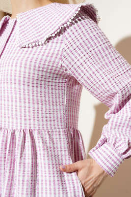 Yarım Düğmeli Bebe Yaka Çizgili Gofre Elbise Pembe - Tesettür Elbise