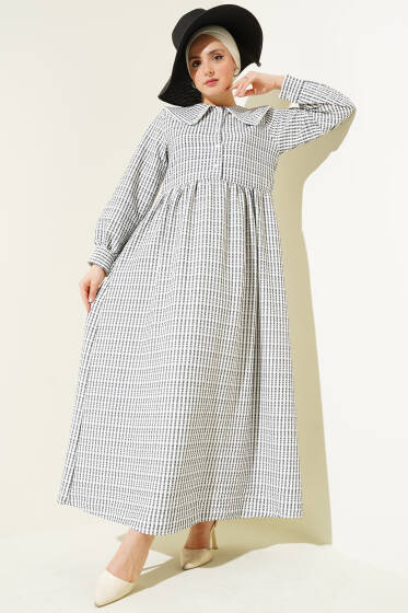 Yarım Düğmeli Bebe Yaka Çizgili Gofre Elbise Siyah - Elbise