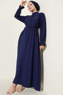 Yarım Düğmeli Bel Lastikli Elbise Lacivert - NEVA MODA