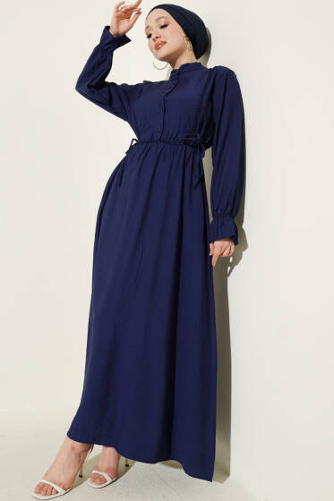 Yarım Düğmeli Bel Lastikli Elbise Lacivert - Elbise