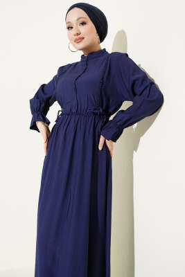 Yarım Düğmeli Bel Lastikli Elbise Lacivert - Elbise