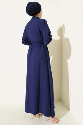 Yarım Düğmeli Bel Lastikli Elbise Lacivert - Elbise