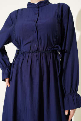 Yarım Düğmeli Bel Lastikli Elbise Lacivert - Elbise