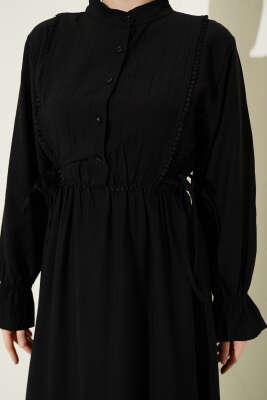 Yarım Düğmeli Bel Lastikli Elbise Siyah - Elbise