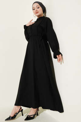 Yarım Düğmeli Bel Lastikli Elbise Siyah - NEVA MODA