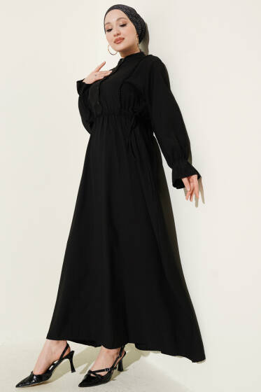 Yarım Düğmeli Bel Lastikli Elbise Siyah - Elbise