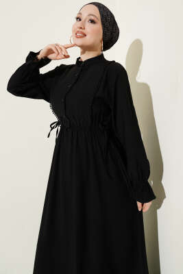 Yarım Düğmeli Bel Lastikli Elbise Siyah - Elbise