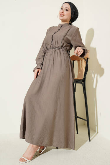 Yarım Düğmeli Bel Lastikli Elbise Vizon - Elbise